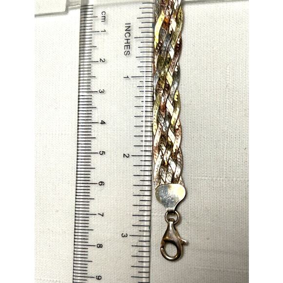 925 Tritone Braided Herringbone Bracelet 7 3/4” Vintage - Picture 8 of 10